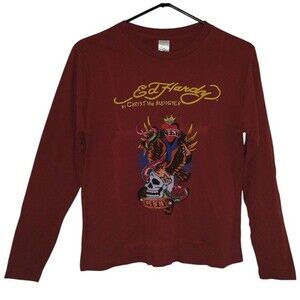 Vtg Ed Hardy Kids Shirt Size 12 by Christian Audigier Eagle Skull Dark Red NWT